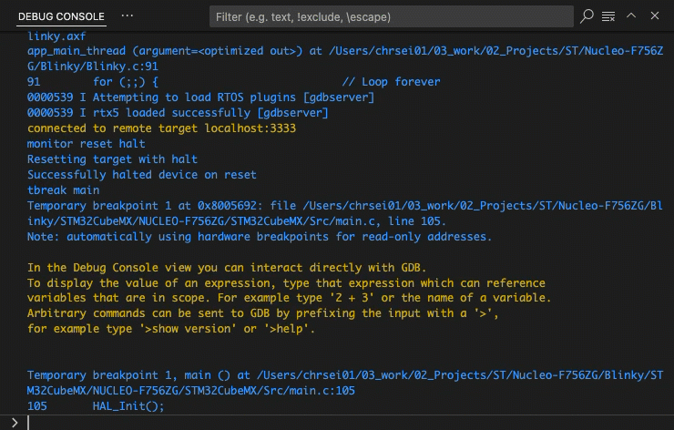 Entering GDB commands in the Debug Console REPL
