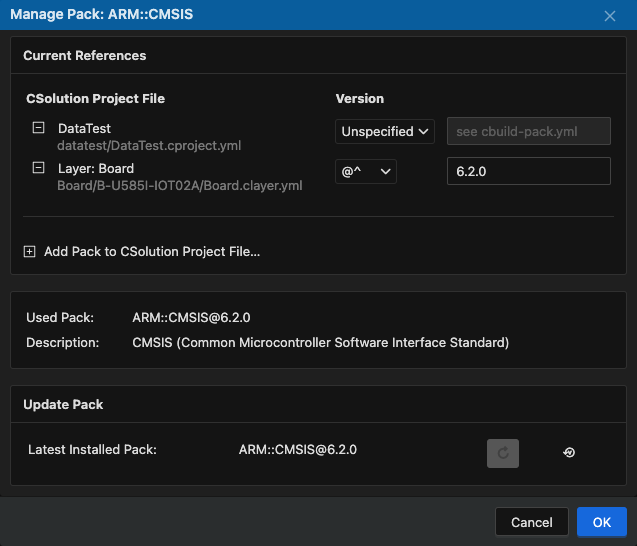 Manage Pack dialog