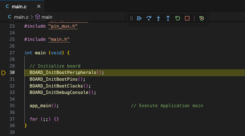 Debug session that ran to mian